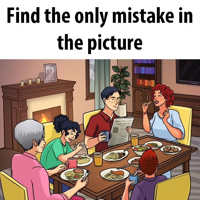Can you spot the one mistake hidden in this family dinner scene?